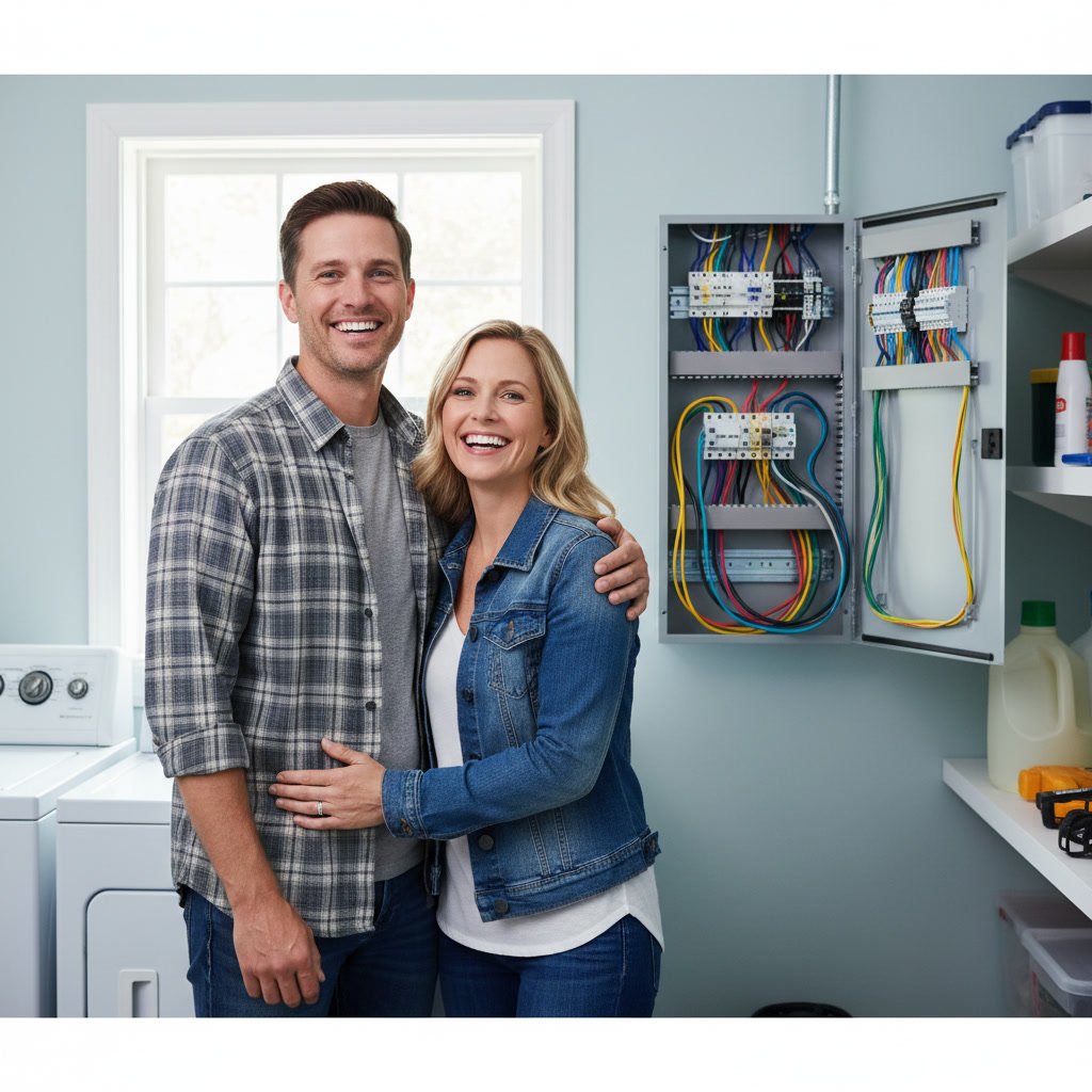 Electrician installing residential electrical panel with organized wiring in Nashville home